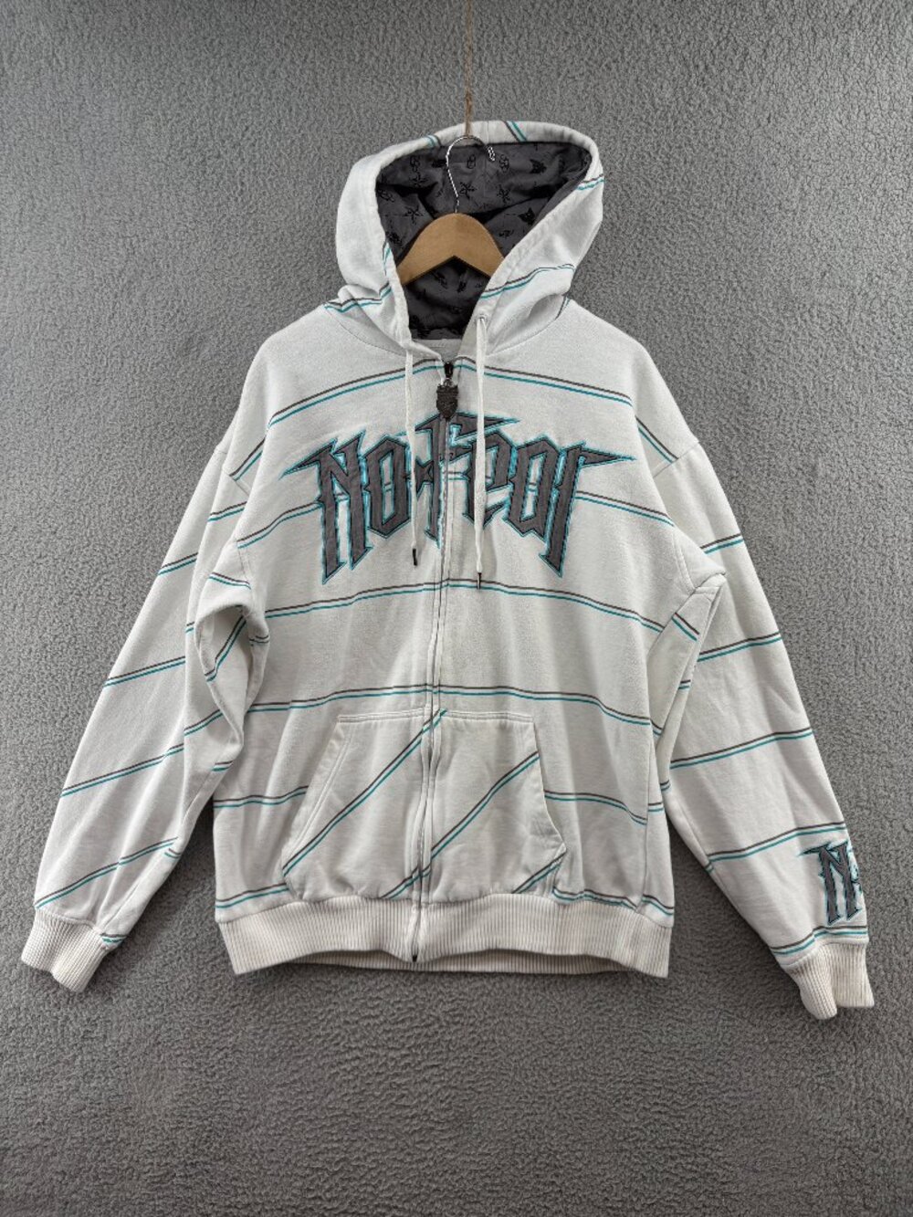 Vintage No Fear Striped Full Zip Hoodie Gothic Spellout Y2K Skater White XL